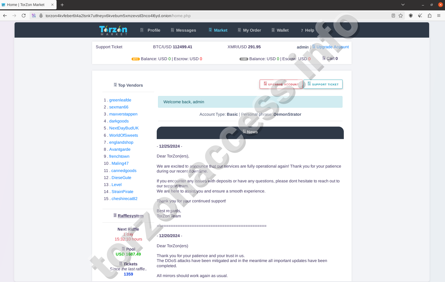 Torzon Darknet Market Home Dashboard